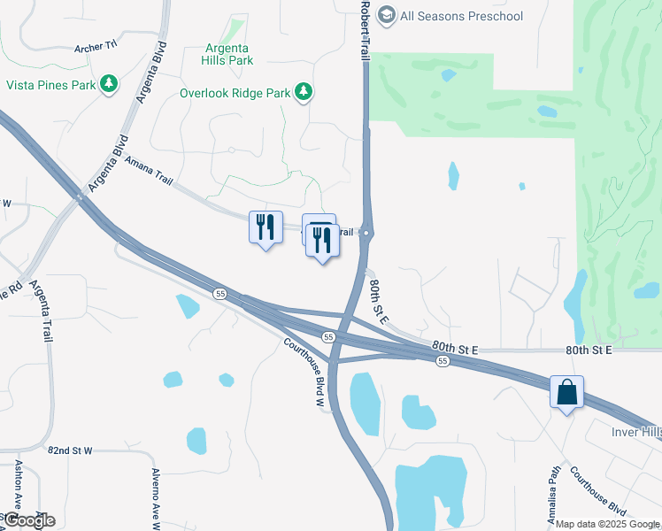 map of restaurants, bars, coffee shops, grocery stores, and more near 7841 Amana Trail in Inver Grove Heights