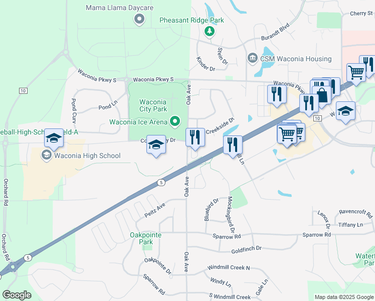 map of restaurants, bars, coffee shops, grocery stores, and more near 9341 Oak Avenue in Waconia