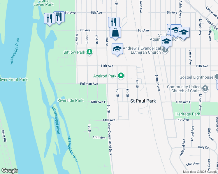 map of restaurants, bars, coffee shops, grocery stores, and more near 300 Pullman Avenue in St. Paul Park
