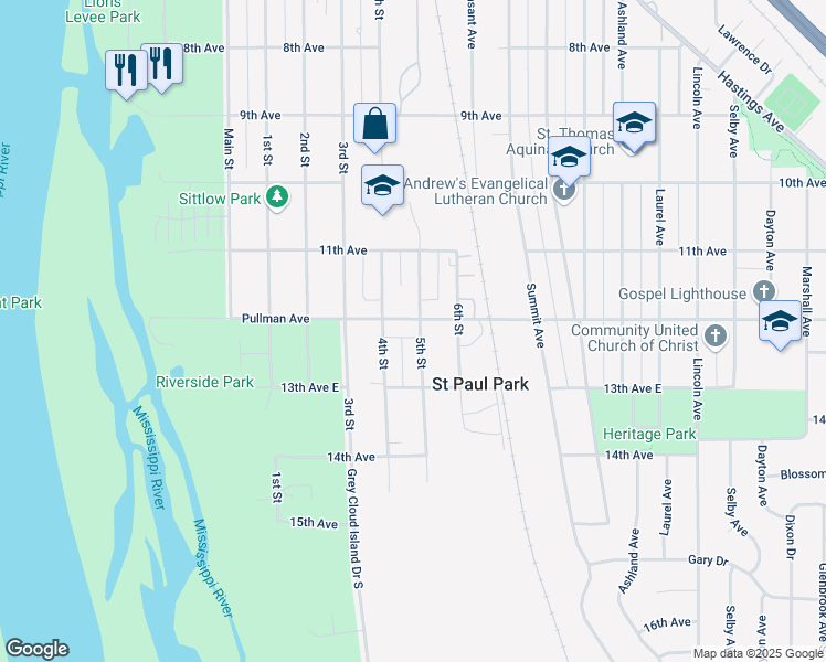 map of restaurants, bars, coffee shops, grocery stores, and more near 448 Pullman Avenue in Saint Paul Park