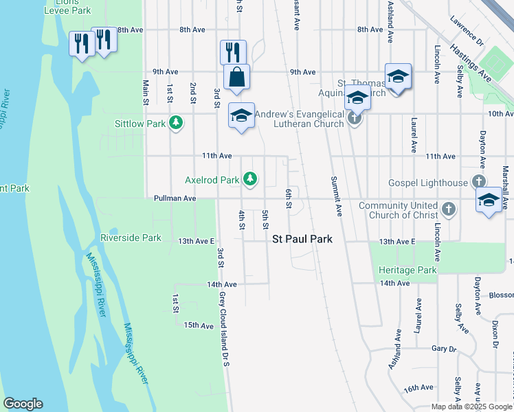 map of restaurants, bars, coffee shops, grocery stores, and more near 448 Pullman Avenue in Saint Paul Park