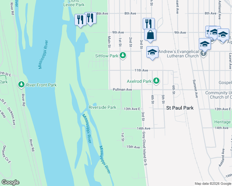 map of restaurants, bars, coffee shops, grocery stores, and more near 44 Pullman Avenue in Saint Paul Park