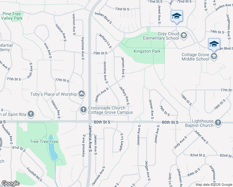 map of restaurants, bars, coffee shops, grocery stores, and more near 7765 Jasmine Avenue South in Cottage Grove