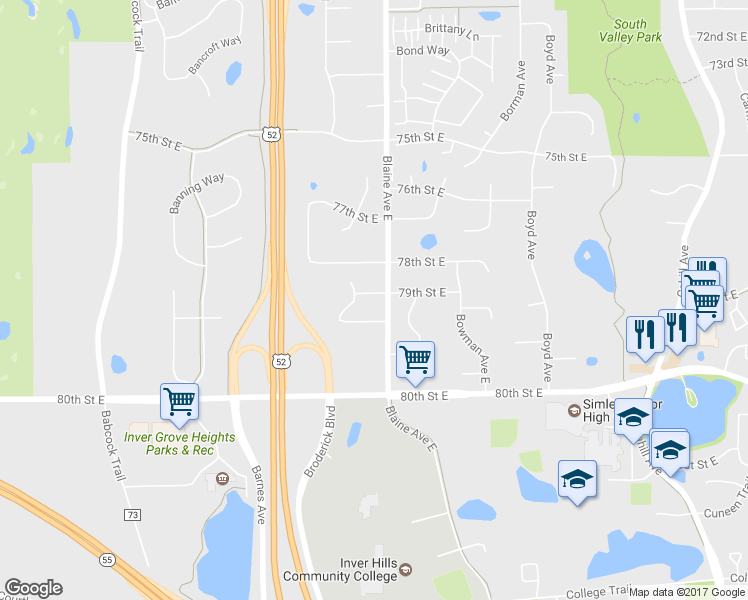 map of restaurants, bars, coffee shops, grocery stores, and more near 2466 79th Street East in Inver Grove Heights