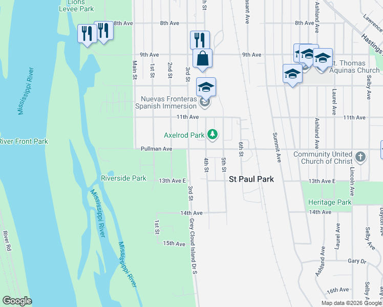 map of restaurants, bars, coffee shops, grocery stores, and more near 300 Pullman Avenue in St. Paul Park