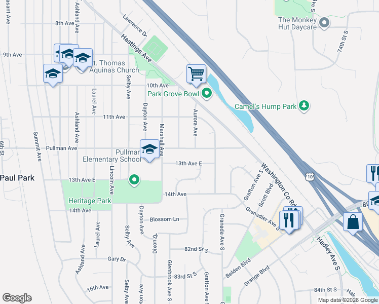 map of restaurants, bars, coffee shops, grocery stores, and more near 1584 Pullman Avenue in Saint Paul Park