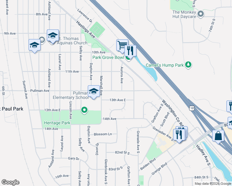 map of restaurants, bars, coffee shops, grocery stores, and more near 1584 Pullman Avenue in Saint Paul Park