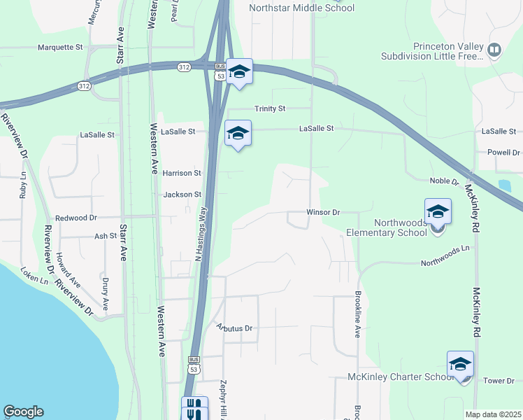 map of restaurants, bars, coffee shops, grocery stores, and more near 2744 Winsor Drive in Eau Claire