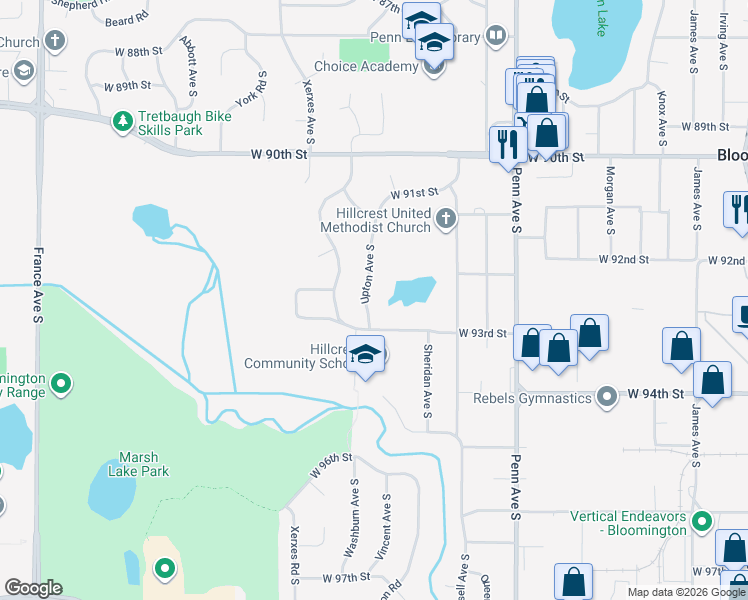 map of restaurants, bars, coffee shops, grocery stores, and more near 9225 Upton Avenue South in Minneapolis