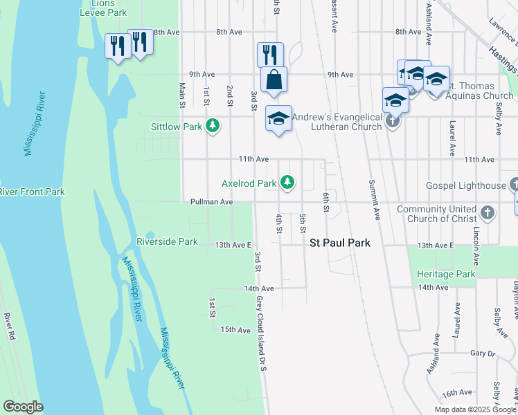 map of restaurants, bars, coffee shops, grocery stores, and more near 300 Pullman Avenue in St. Paul Park