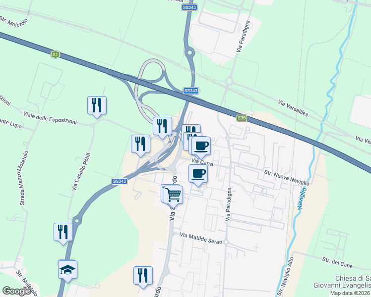 map of restaurants, bars, coffee shops, grocery stores, and more near 8 Via Nicola Morigi in Parma