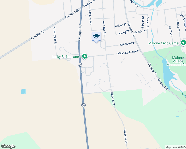 map of restaurants, bars, coffee shops, grocery stores, and more near 217 Webster Street in Malone