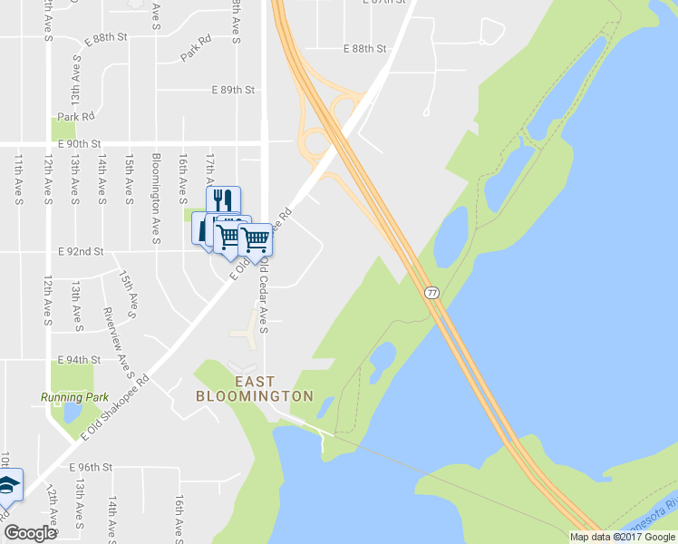 map of restaurants, bars, coffee shops, grocery stores, and more near 1901 Meadowview Road in Bloomington