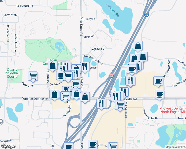 map of restaurants, bars, coffee shops, grocery stores, and more near 1380 Marice Drive in Eagan