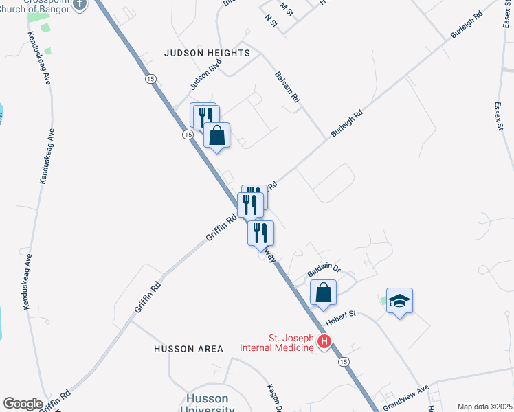 map of restaurants, bars, coffee shops, grocery stores, and more near 15 Burleigh Road in Bangor