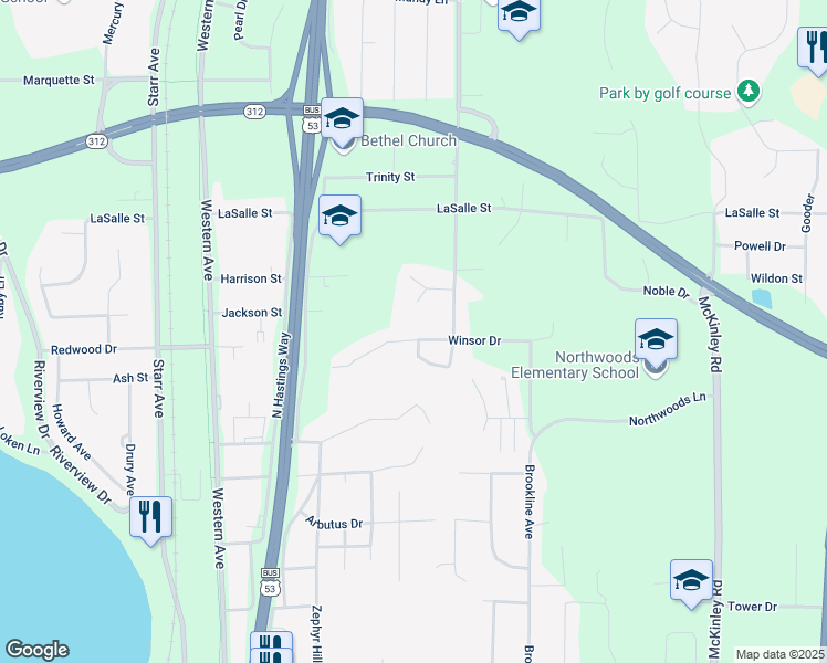 map of restaurants, bars, coffee shops, grocery stores, and more near 2826 Winsor Drive in Eau Claire