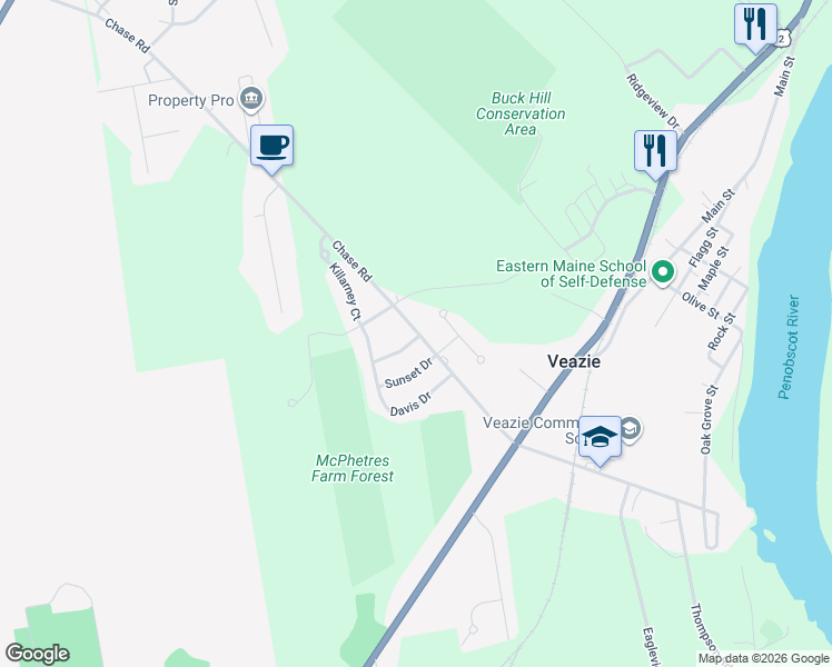 map of restaurants, bars, coffee shops, grocery stores, and more near 7 Wedgewood Drive in Veazie
