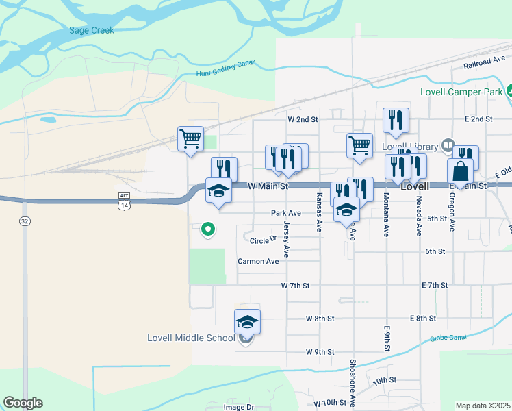 map of restaurants, bars, coffee shops, grocery stores, and more near 459 Idaho Avenue in Lovell