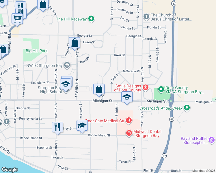 map of restaurants, bars, coffee shops, grocery stores, and more near 118 North 15th Drive in Sturgeon Bay