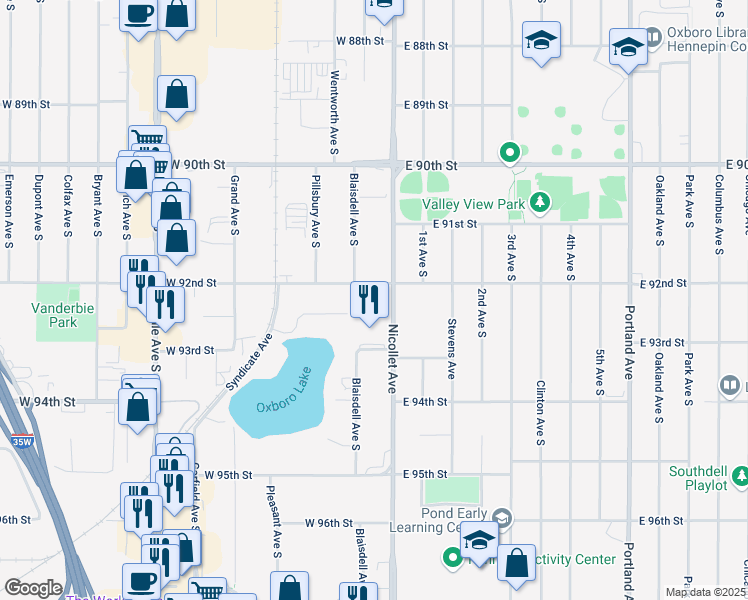 map of restaurants, bars, coffee shops, grocery stores, and more near 9200 Nicollet Avenue in Bloomington