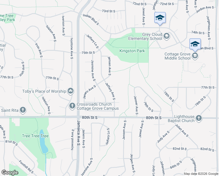 map of restaurants, bars, coffee shops, grocery stores, and more near Jeffery Avenue South in Cottage Grove