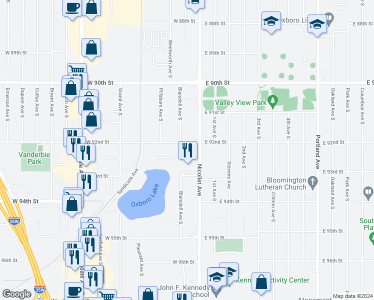 map of restaurants, bars, coffee shops, grocery stores, and more near 9200 Nicollet Avenue in Bloomington