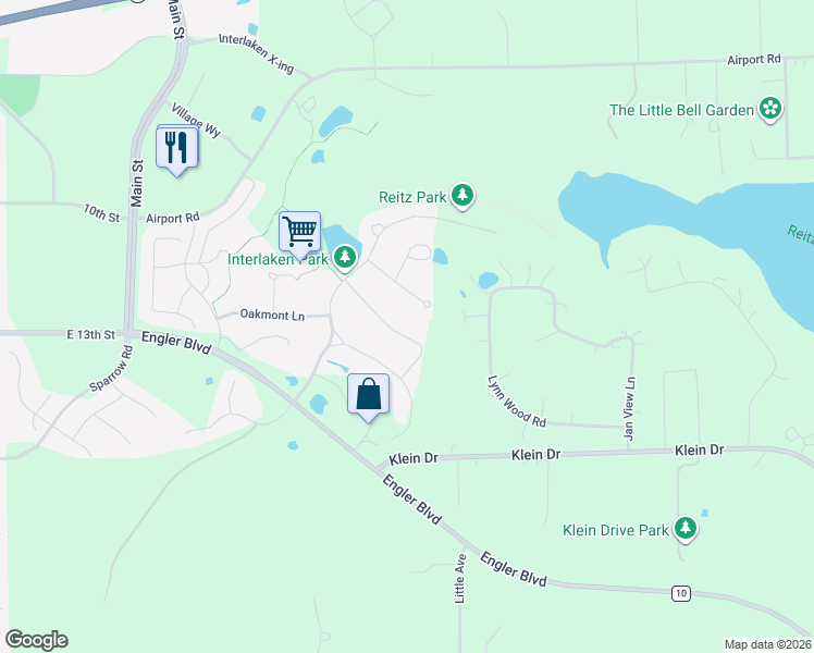 map of restaurants, bars, coffee shops, grocery stores, and more near 1343 Interlaken Parkway in Waconia