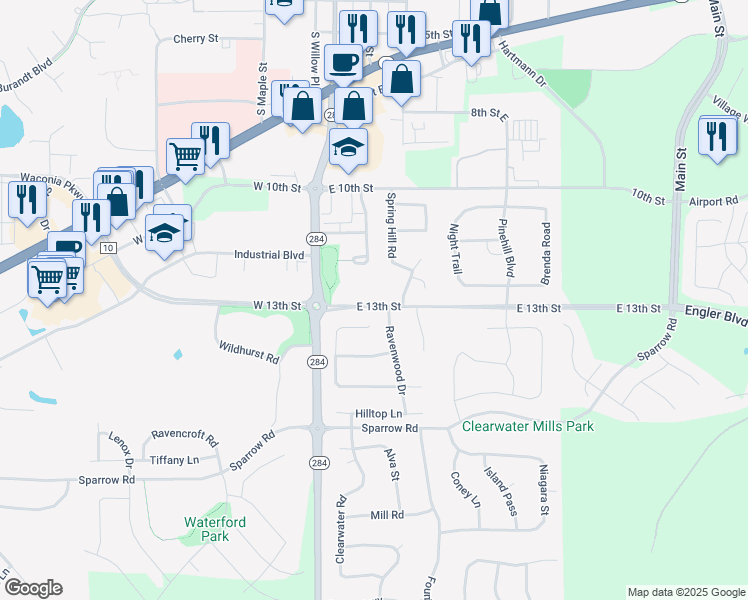 map of restaurants, bars, coffee shops, grocery stores, and more near 22 East 13th Street in Waconia