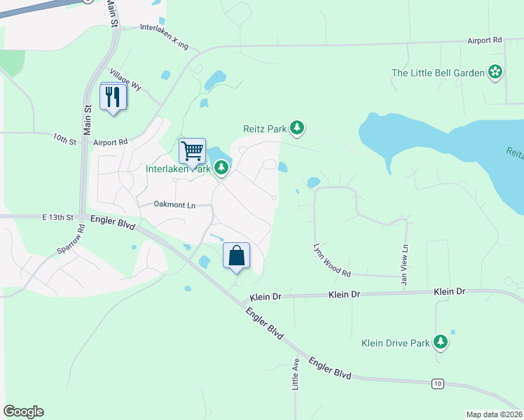 map of restaurants, bars, coffee shops, grocery stores, and more near 1343 Interlaken Parkway in Waconia