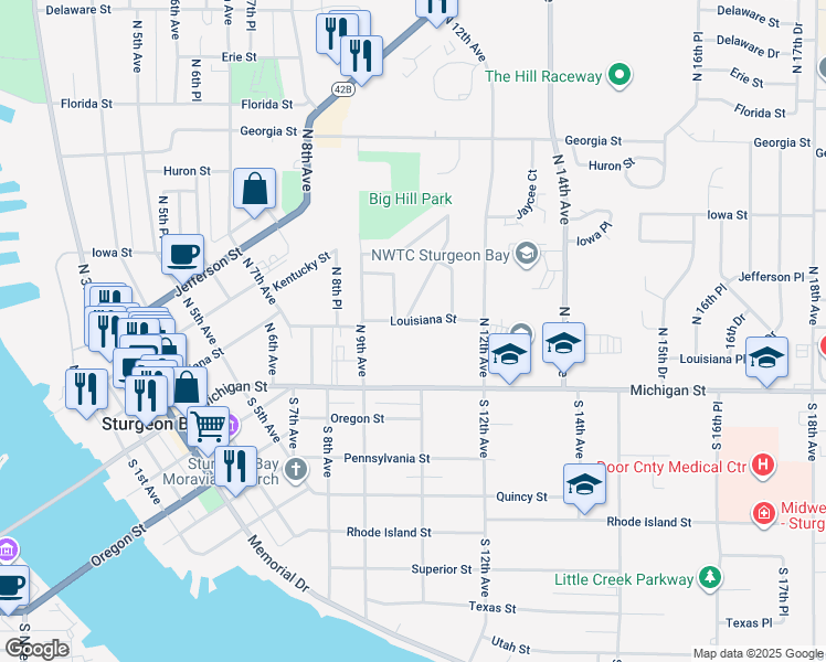 map of restaurants, bars, coffee shops, grocery stores, and more near 935 Louisiana Street in Sturgeon Bay