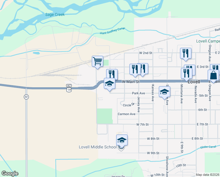 map of restaurants, bars, coffee shops, grocery stores, and more near 458 Hampshire Avenue in Lovell