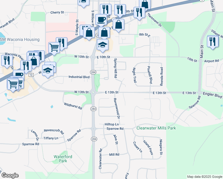 map of restaurants, bars, coffee shops, grocery stores, and more near 54 East 13th Street in Waconia