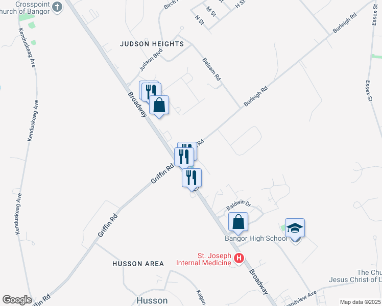 map of restaurants, bars, coffee shops, grocery stores, and more near 15 Burleigh Road in Bangor
