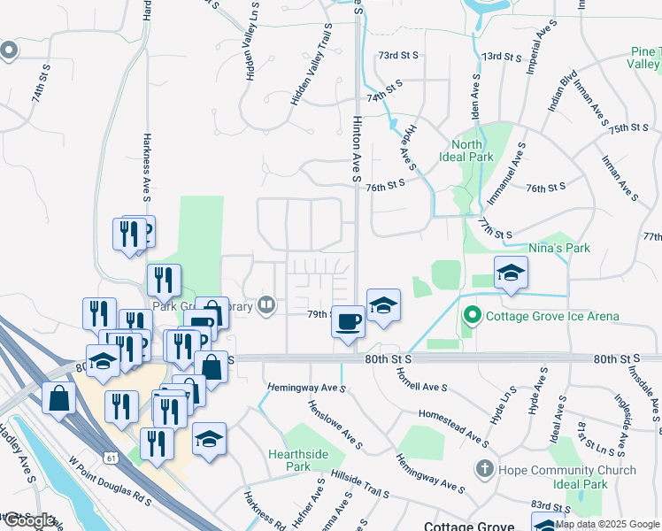 map of restaurants, bars, coffee shops, grocery stores, and more near 7827 Hemingway Avenue South in Cottage Grove