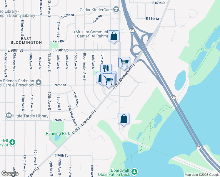 map of restaurants, bars, coffee shops, grocery stores, and more near 1718 East Old Shakopee Road in Bloomington
