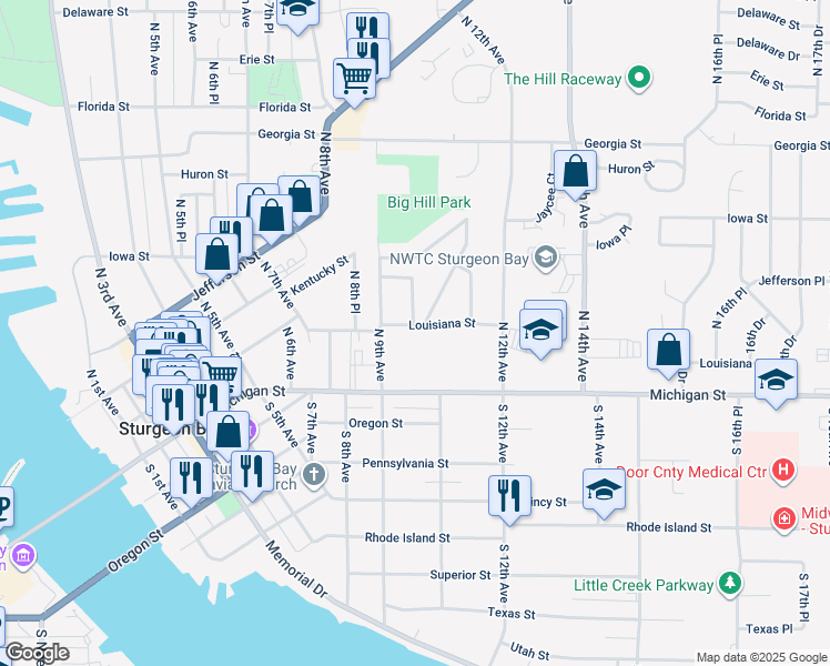map of restaurants, bars, coffee shops, grocery stores, and more near 935 Louisiana Street in Sturgeon Bay