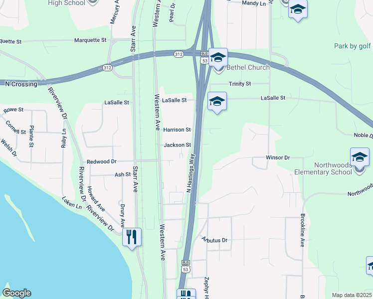 map of restaurants, bars, coffee shops, grocery stores, and more near 2443 Jackson Street in Eau Claire