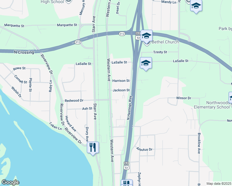 map of restaurants, bars, coffee shops, grocery stores, and more near 1817 Western Avenue in Eau Claire