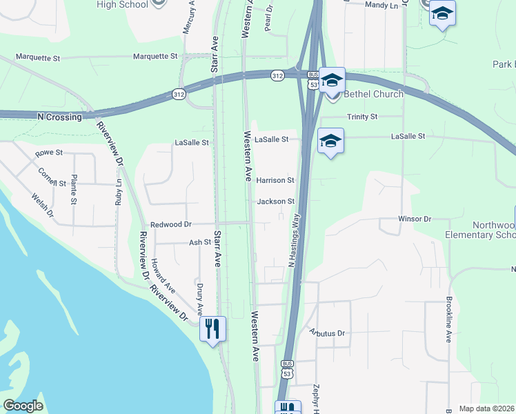 map of restaurants, bars, coffee shops, grocery stores, and more near 1817 Western Avenue in Eau Claire