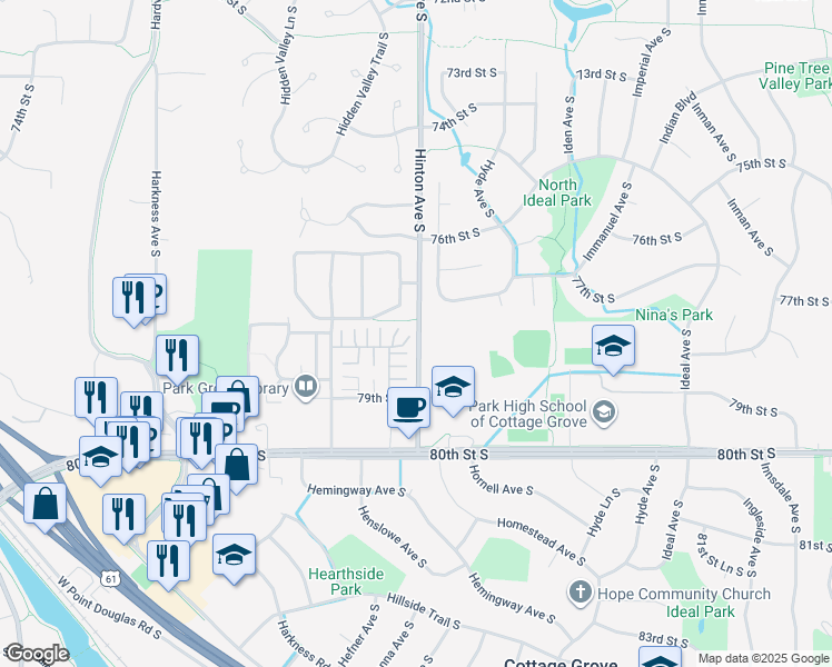 map of restaurants, bars, coffee shops, grocery stores, and more near 7790 Hinton Avenue South in Cottage Grove