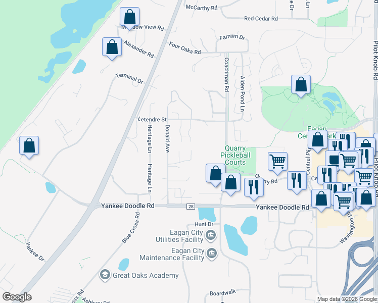 map of restaurants, bars, coffee shops, grocery stores, and more near 1649 River Bluff Court in Eagan