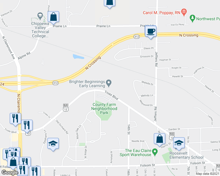 map of restaurants, bars, coffee shops, grocery stores, and more near 1612 Truax Boulevard in Eau Claire