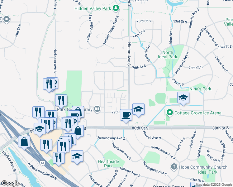 map of restaurants, bars, coffee shops, grocery stores, and more near 7827 Hemingway Avenue South in Cottage Grove