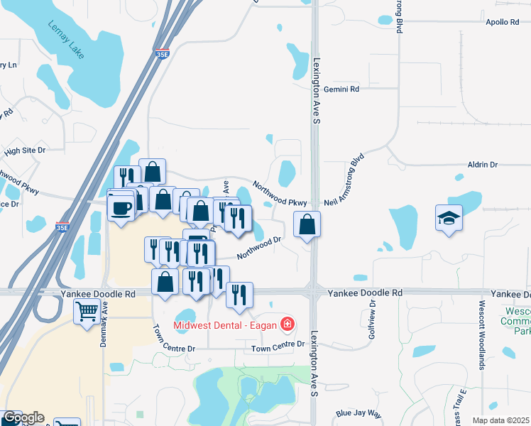 map of restaurants, bars, coffee shops, grocery stores, and more near 1110 Northwood Drive in Eagan