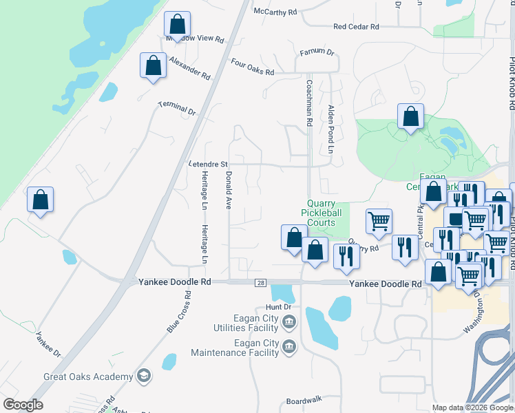 map of restaurants, bars, coffee shops, grocery stores, and more near 1649 River Bluff Court in Eagan