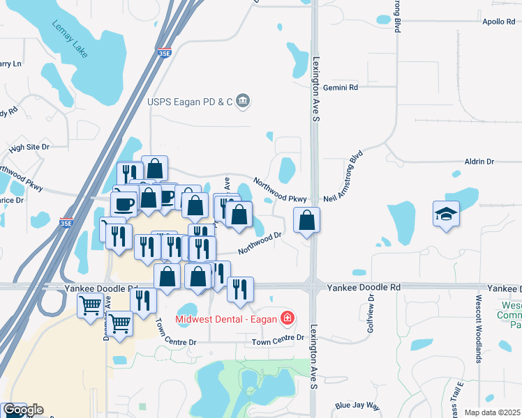 map of restaurants, bars, coffee shops, grocery stores, and more near 1110 Northwood Drive in Eagan