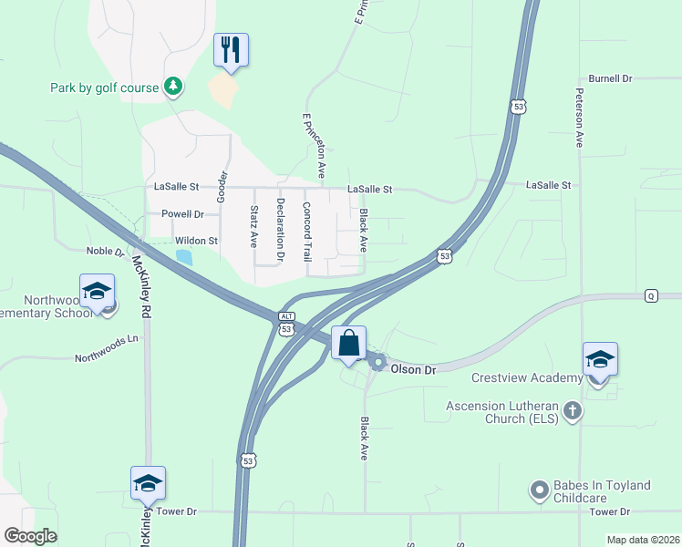 map of restaurants, bars, coffee shops, grocery stores, and more near 4240 Concord Trail in Eau Claire