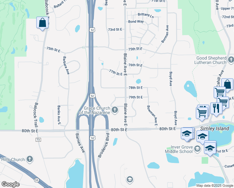 map of restaurants, bars, coffee shops, grocery stores, and more near 2466 79th Street East in Inver Grove Heights