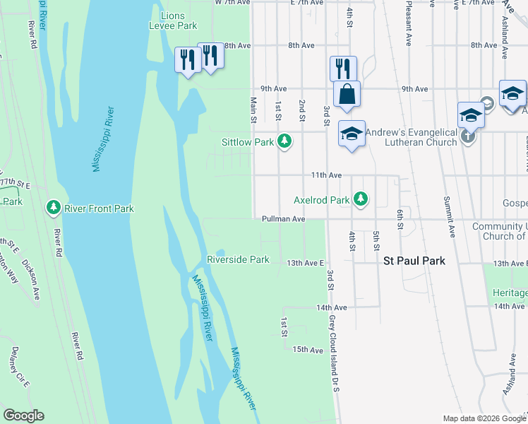 map of restaurants, bars, coffee shops, grocery stores, and more near 44 Pullman Avenue in Saint Paul Park