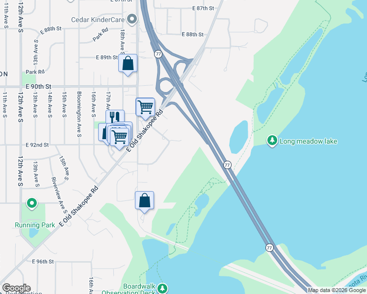 map of restaurants, bars, coffee shops, grocery stores, and more near 1901 Meadowview Road in Bloomington